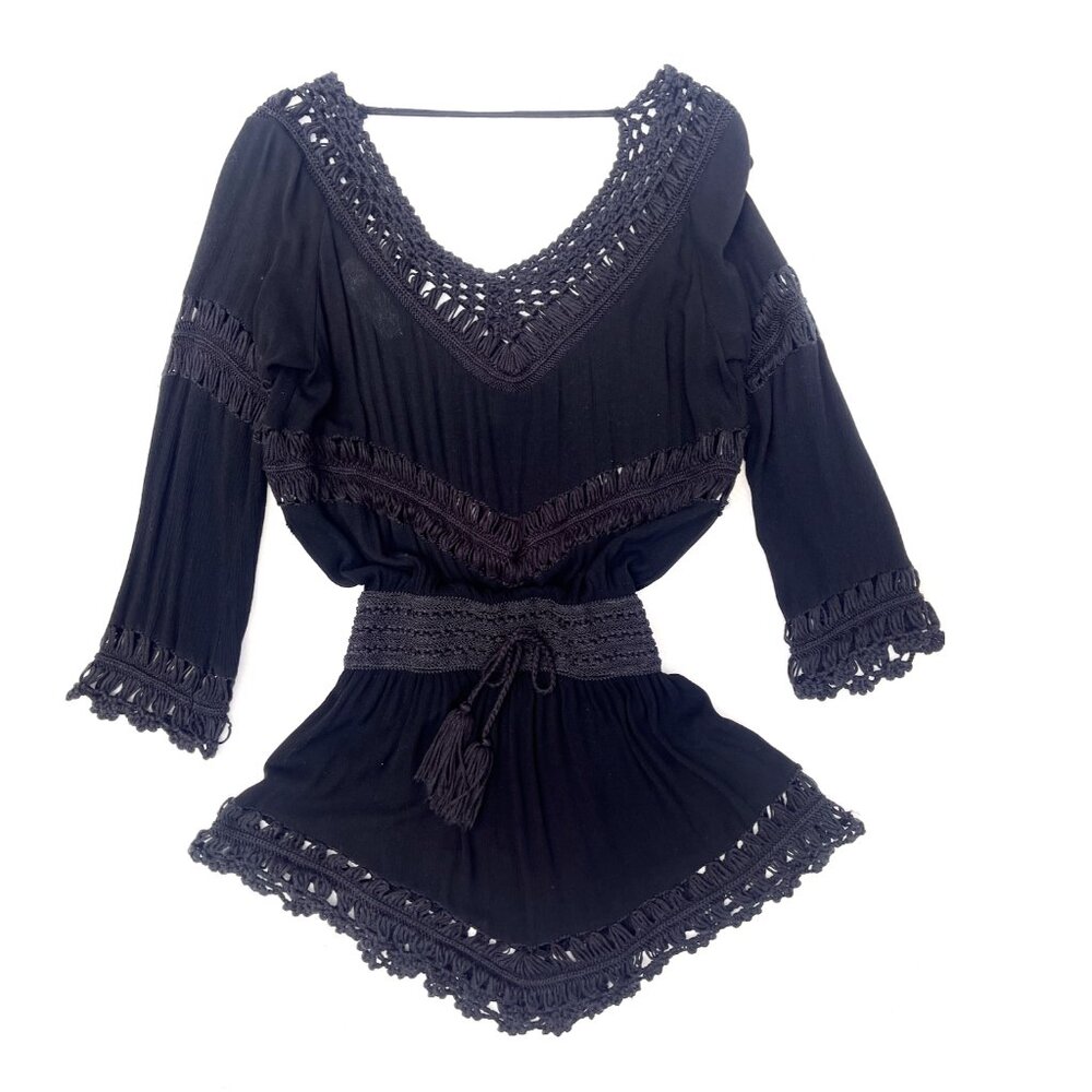 Surf Gypsy Black Crochet Knit Tie Waist V Neck Coastal Rayon Dress S